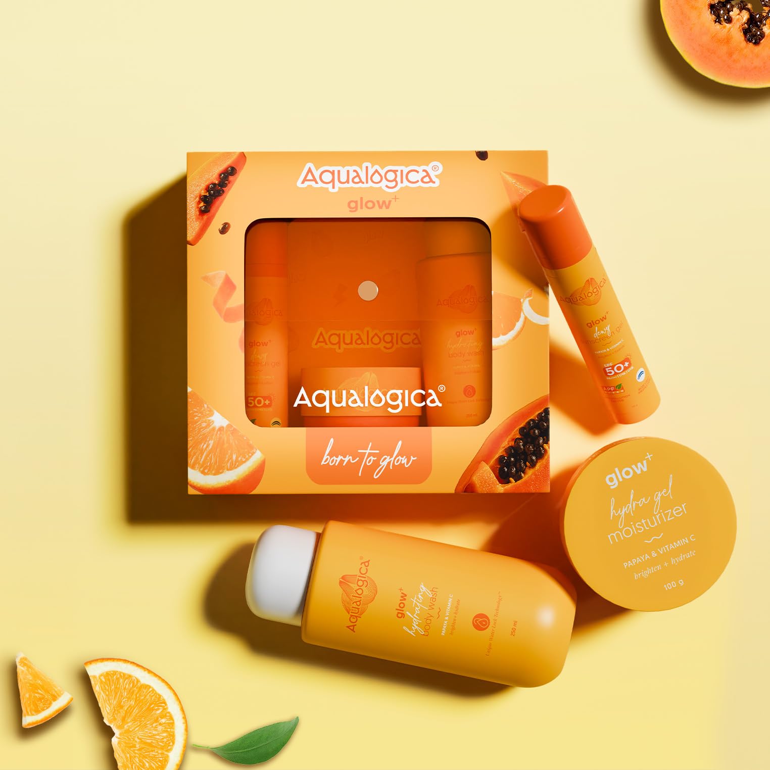 Aqualogica Glow+ Born to Glow Skincare Set, 3-Piece with Sling Bag & Charm, SPF 50+ PA++++, Hyaluronic Acid, 400g - front vie