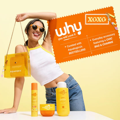 Aqualogica Glow+ Born to Glow Skincare Set, 3-Piece with Sling Bag & Charm, SPF 50+ PA++++, Hyaluronic Acid, 400g - packaging