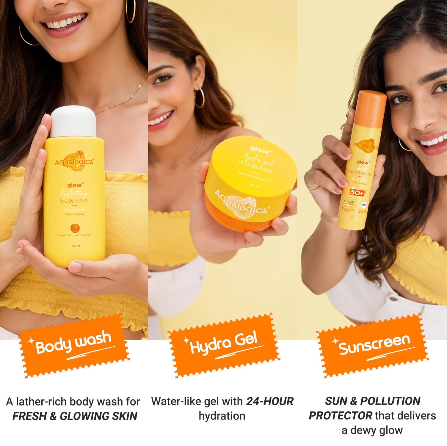 Aqualogica Glow+ Born to Glow Skincare Set, 3-Piece with Sling Bag & Charm, SPF 50+ PA++++, Hyaluronic Acid, 400g - label det