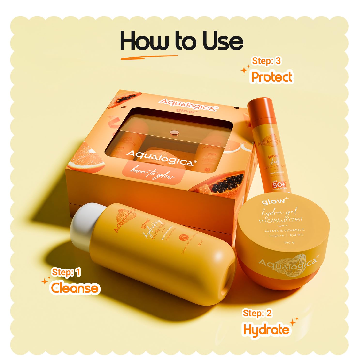 Aqualogica Glow+ Born to Glow Skincare Set, 3-Piece with Sling Bag & Charm, SPF 50+ PA++++, Hyaluronic Acid, 400g - size and