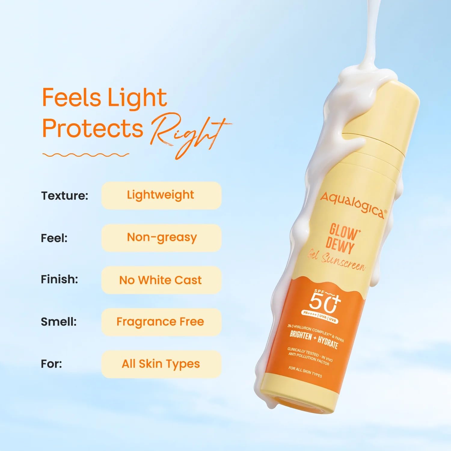 Aqualogica Glow+ Dewy Gel Sunscreen SPF 50+ PA++++, 50g x 2, Fragrance-Free Water-Based Gel - size and scale