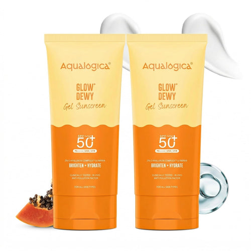 Aqualogica Glow+ Dewy Gel Sunscreen SPF 50+ PA++++, 80g x 2, Fragrance-Free, No White Cast, With Papaya & Vitamin C