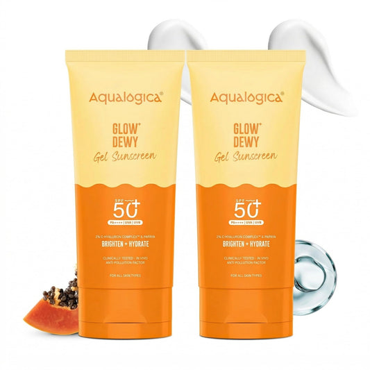 Aqualogica Glow+ Dewy Gel Sunscreen SPF 50+ PA++++, 80g x 2, Fragrance-Free, No White Cast, With Papaya & Vitamin C