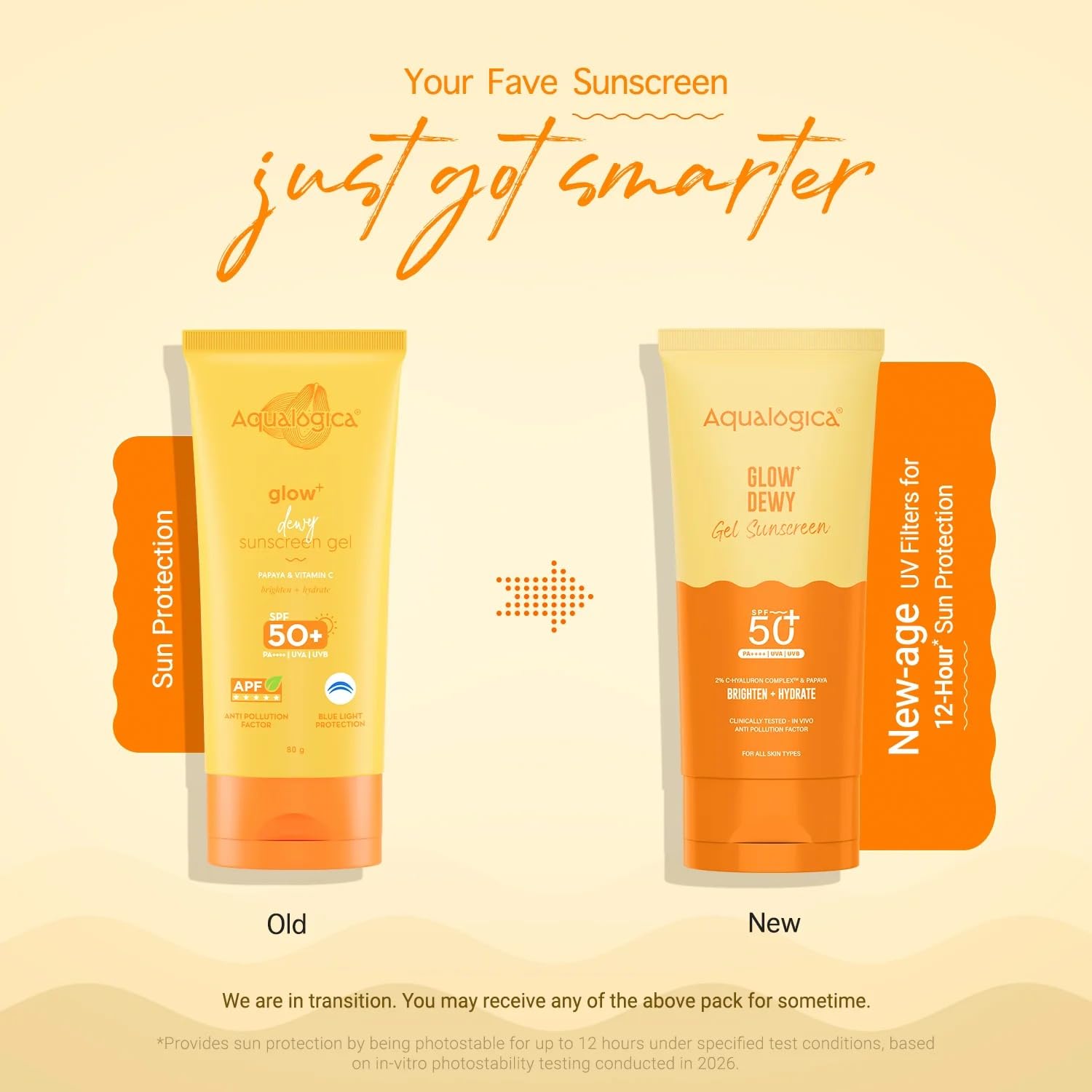 Aqualogica Glow+ Dewy Gel Sunscreen SPF 50+ PA++++, 80g x 2, Fragrance-Free, No White Cast, With Papaya & Vitamin C - front v