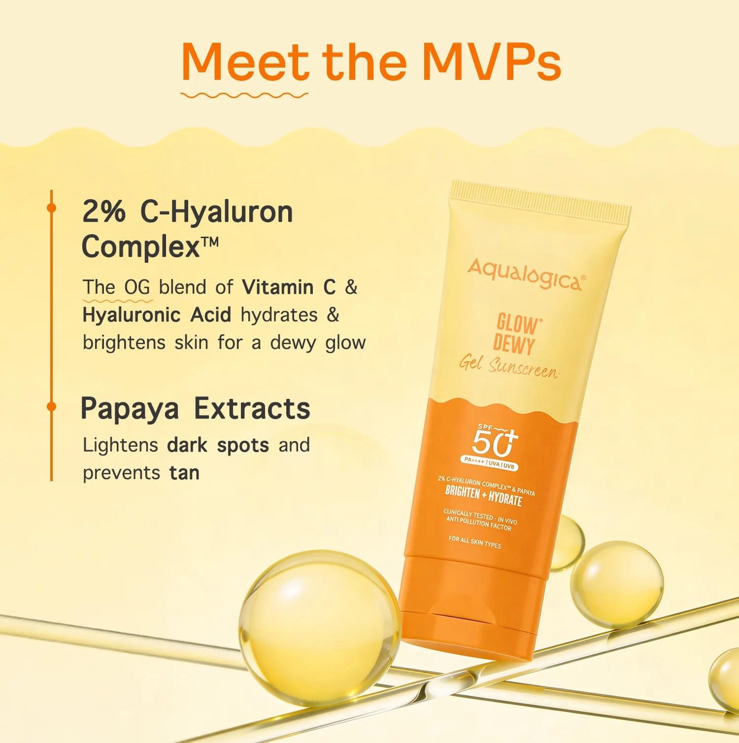 Aqualogica Glow+ Dewy Gel Sunscreen SPF 50+ PA++++, 80g x 2, Fragrance-Free, No White Cast, With Papaya & Vitamin C - ingredi