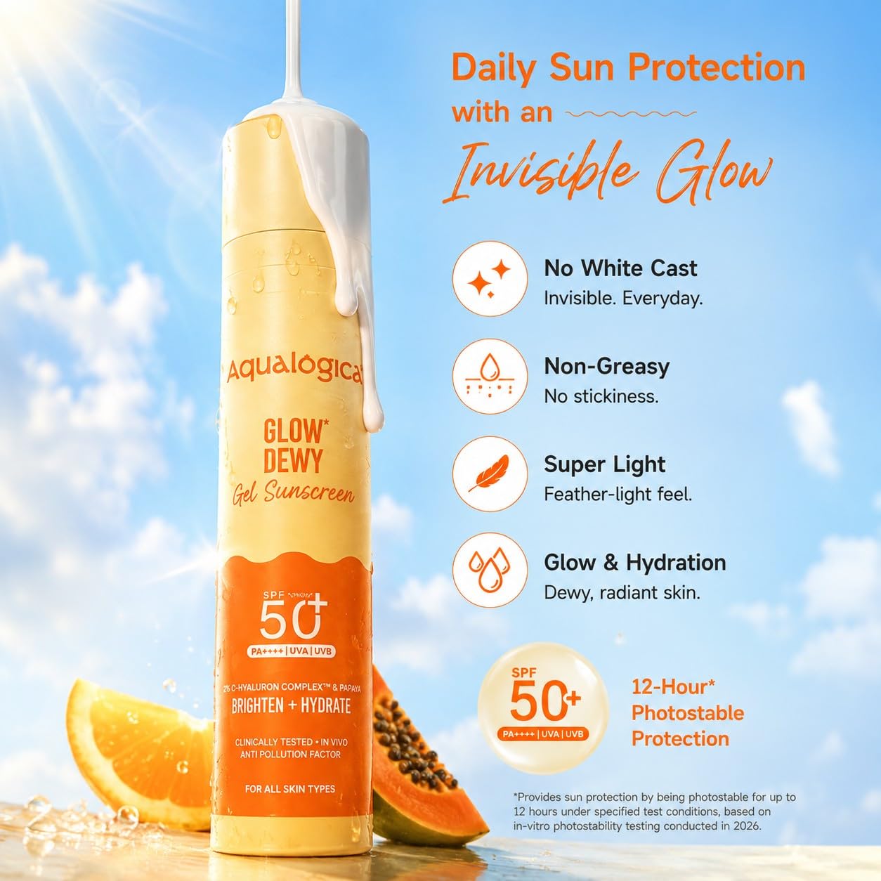Aqualogica Glow+ Dewy Sunscreen Gel SPF 50+ PA++++ with Papaya & Vitamin C, Fragrance-Free - front view (11)