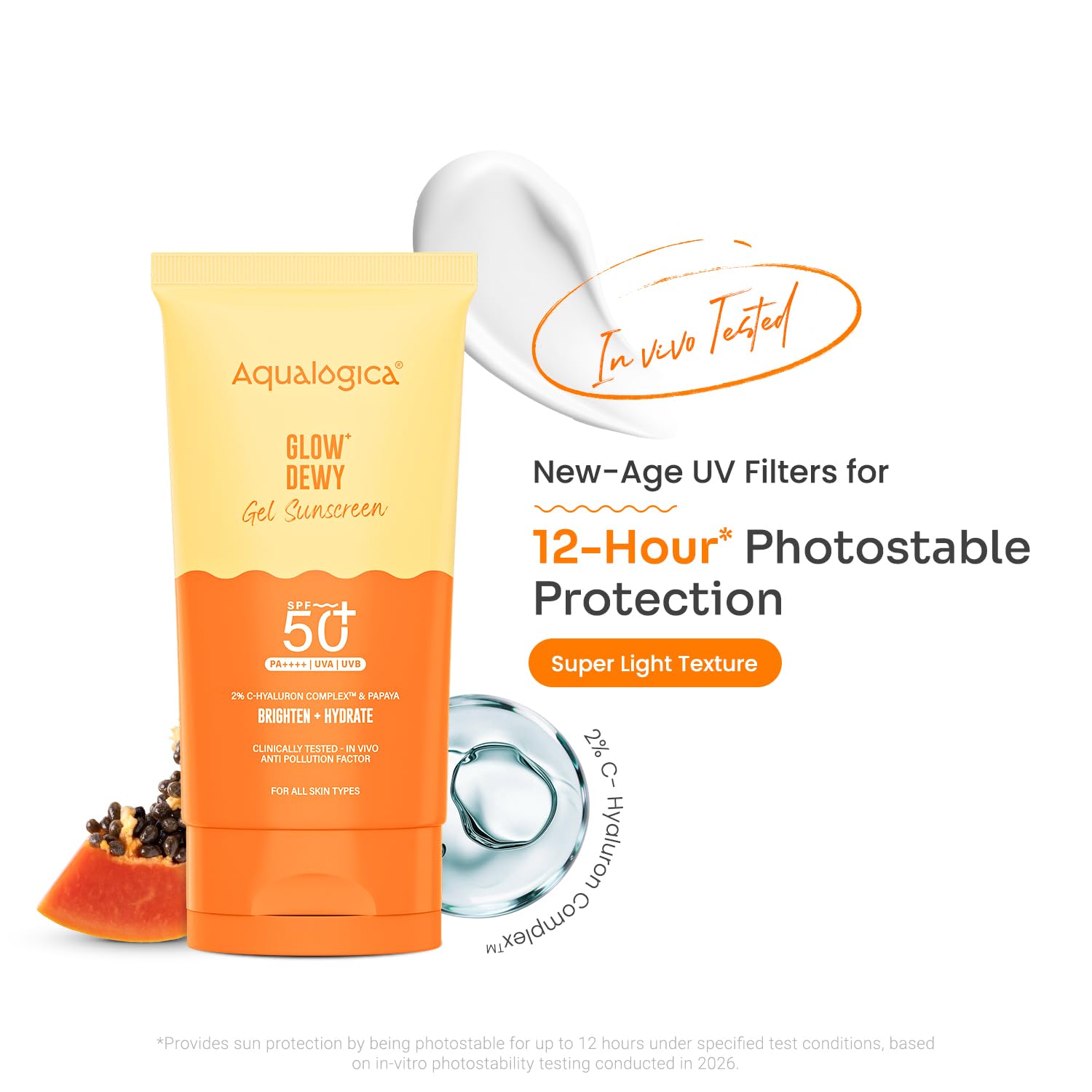 Aqualogica Glow+ Dewy Sunscreen Gel SPF 50+ PA++++ with Papaya & Vitamin C, Fragrance-Free - front view