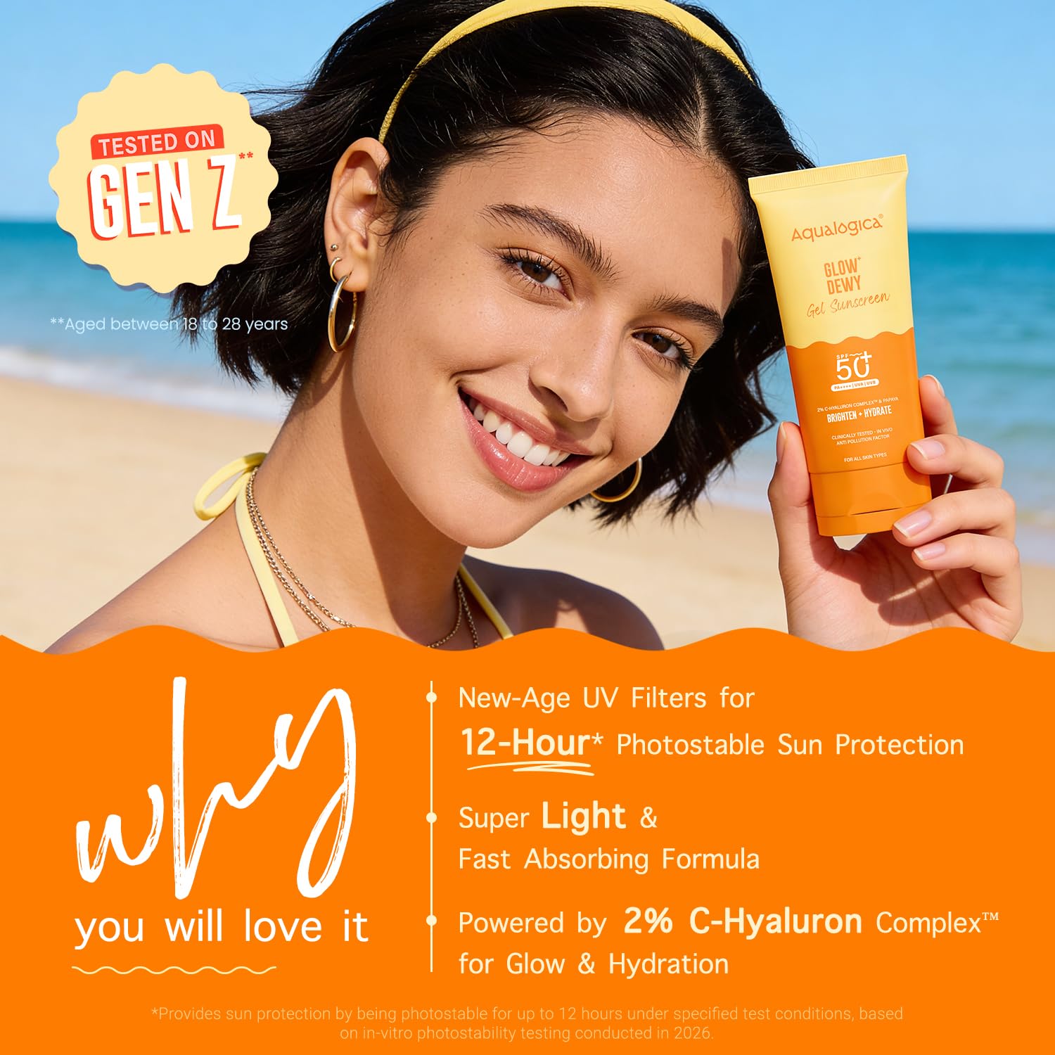 Aqualogica Glow+ Dewy Sunscreen Gel SPF 50+ PA++++ with Papaya & Vitamin C, Fragrance-Free - label detail (22)