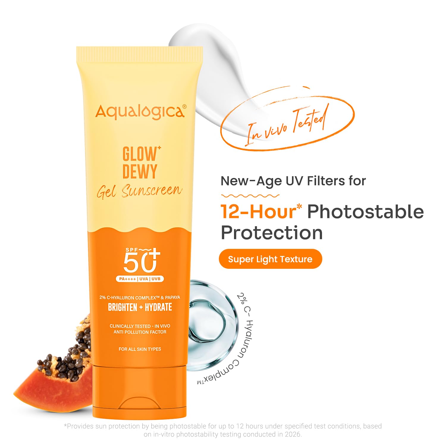 Aqualogica Glow+ Dewy Sunscreen Gel SPF 50+ PA++++ with Papaya & Vitamin C, Fragrance-Free - front view (27)