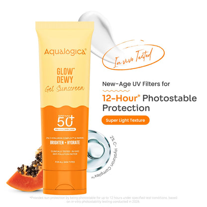 Aqualogica Glow+ Dewy Sunscreen Gel SPF 50+ PA++++ with Papaya & Vitamin C, Fragrance-Free - front view (27)