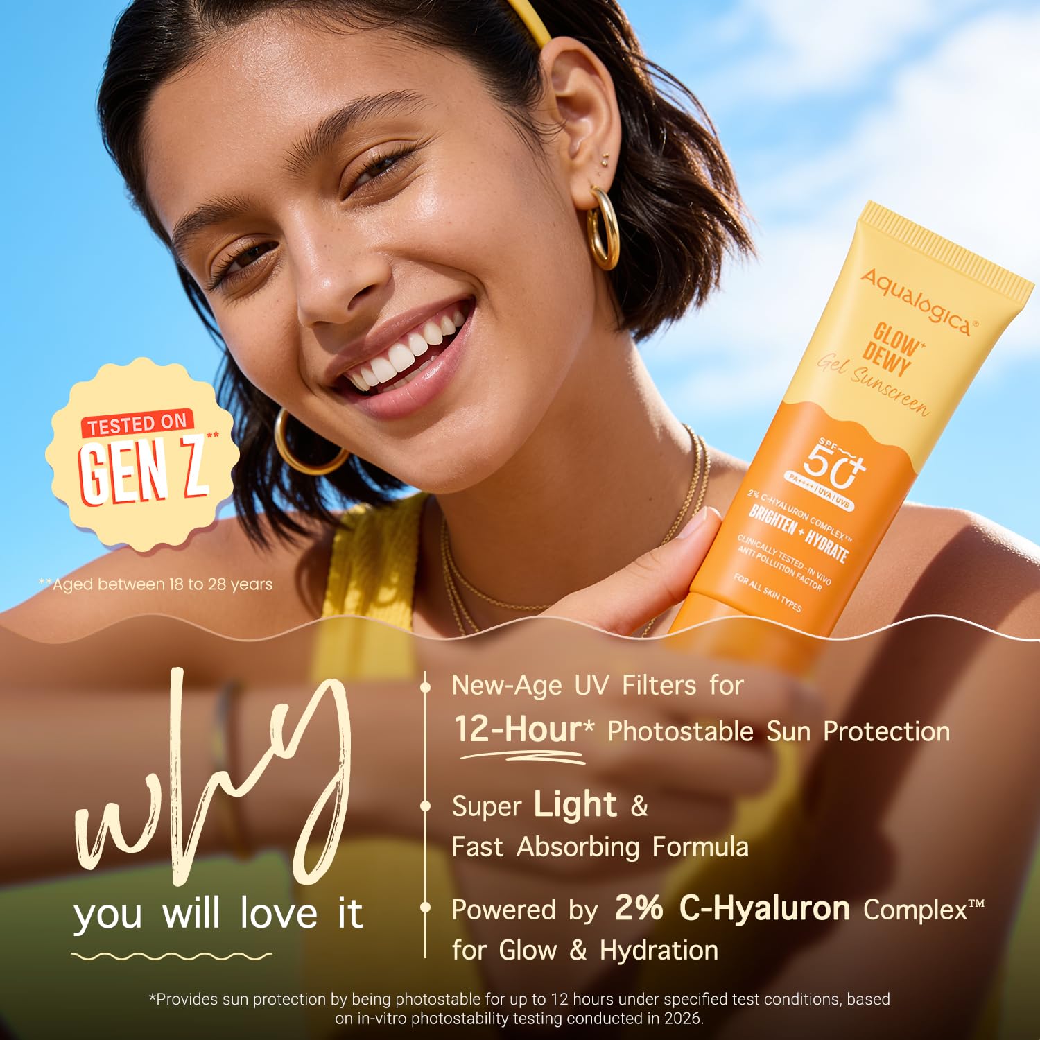 Aqualogica Glow+ Dewy Sunscreen Gel SPF 50+ PA++++ with Papaya & Vitamin C, Fragrance-Free - label detail (29)