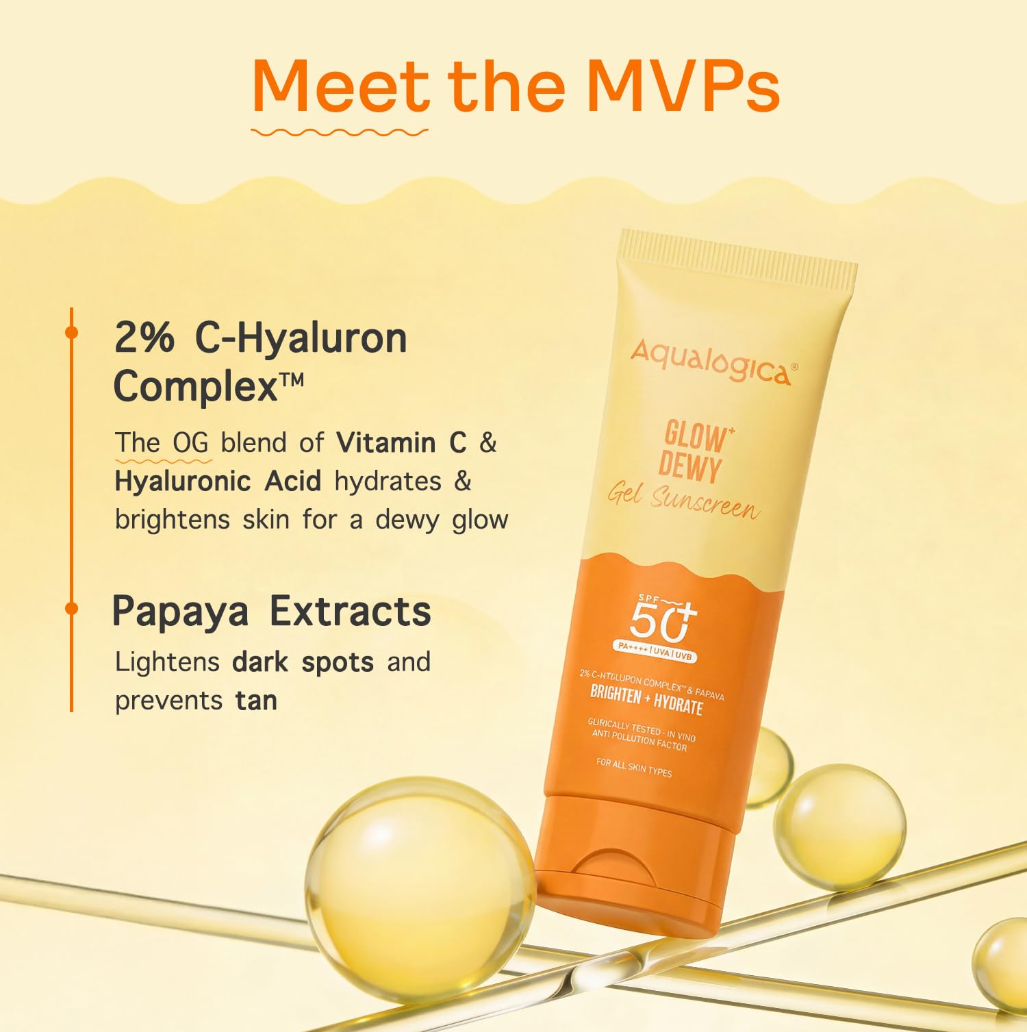 Aqualogica Glow+ Dewy Sunscreen Gel SPF 50+ PA++++ with Papaya & Vitamin C, Fragrance-Free - close-up detail (30)