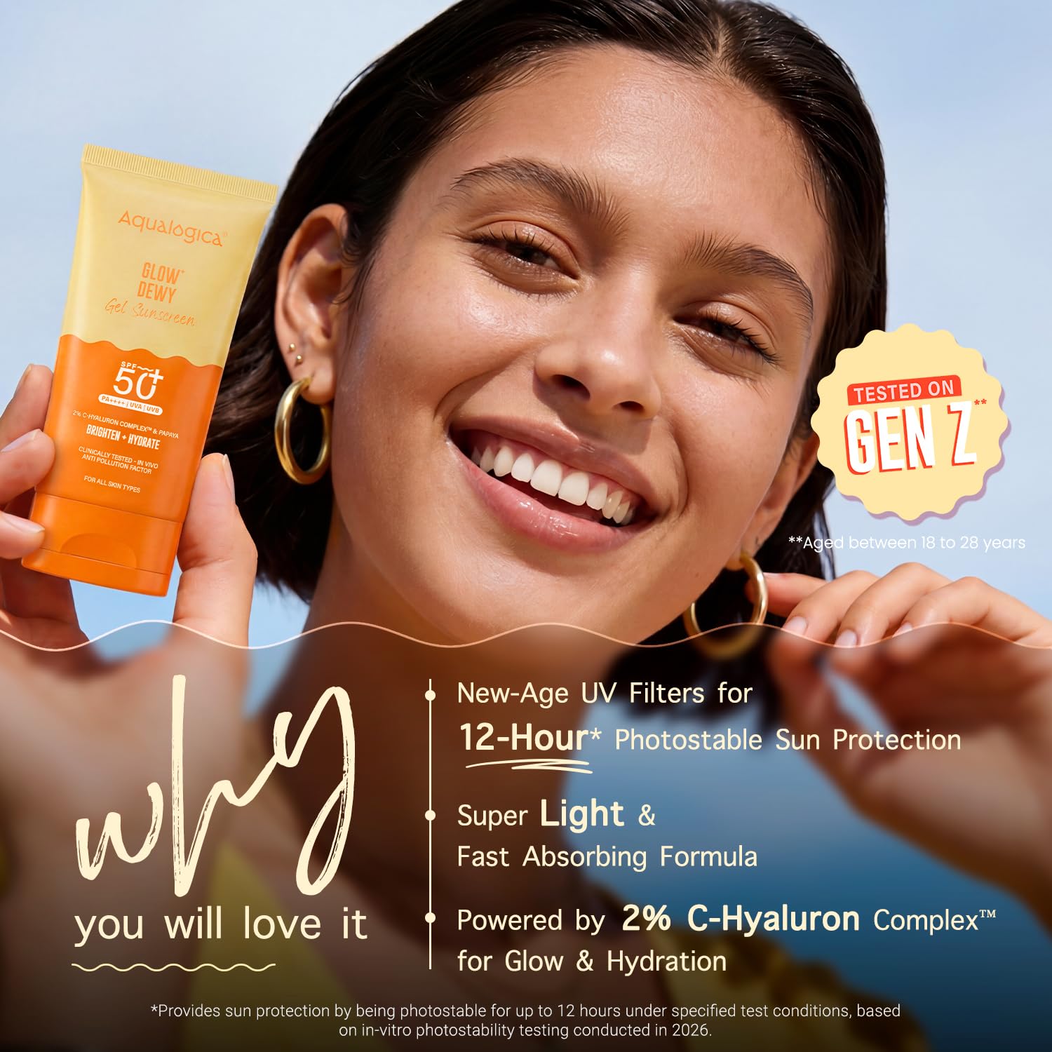 Aqualogica Glow+ Dewy Sunscreen Gel SPF 50+ PA++++ with Papaya & Vitamin C, Fragrance-Free - label detail