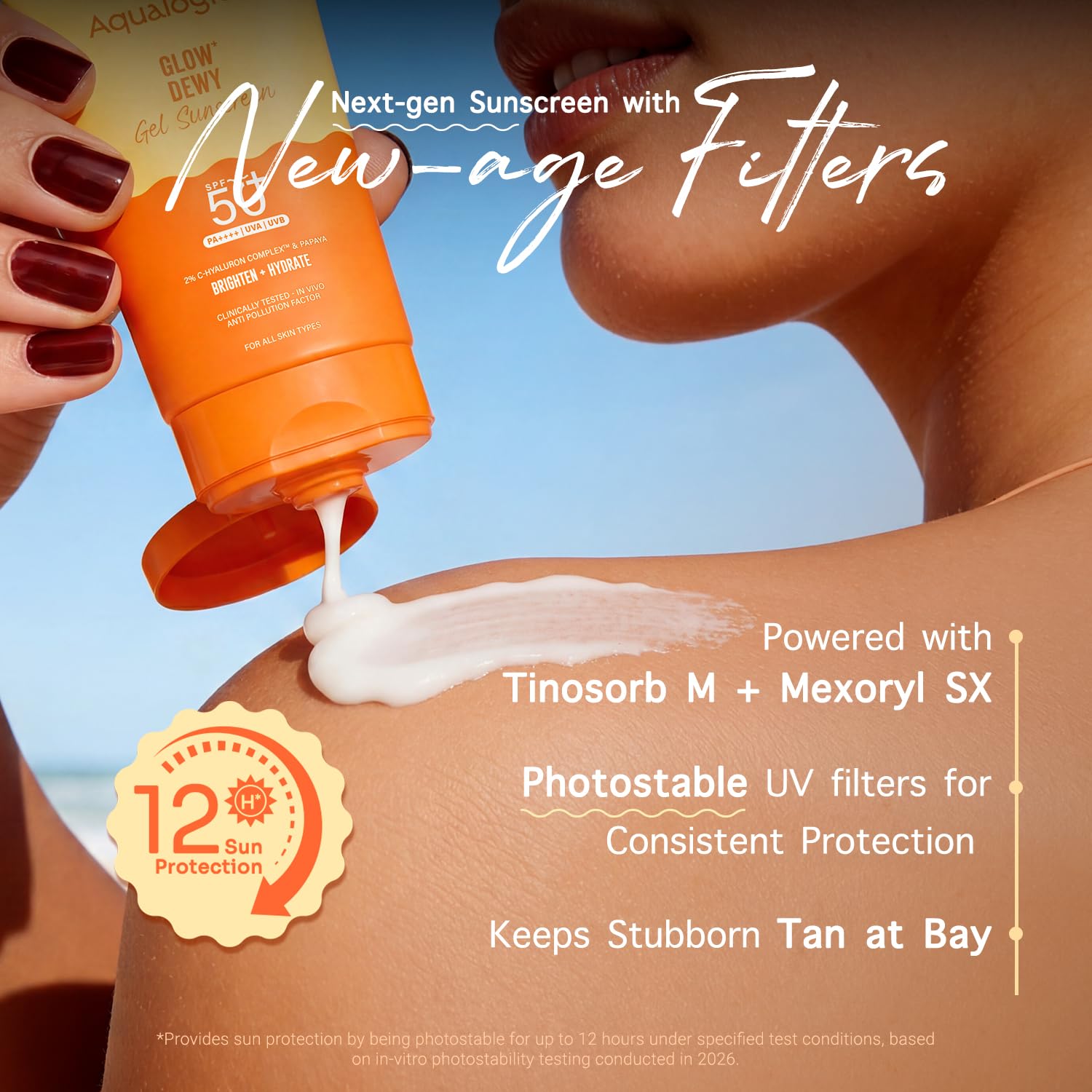 Aqualogica Glow+ Dewy Sunscreen Gel SPF 50+ PA++++ with Papaya & Vitamin C, Fragrance-Free - ingredients panel