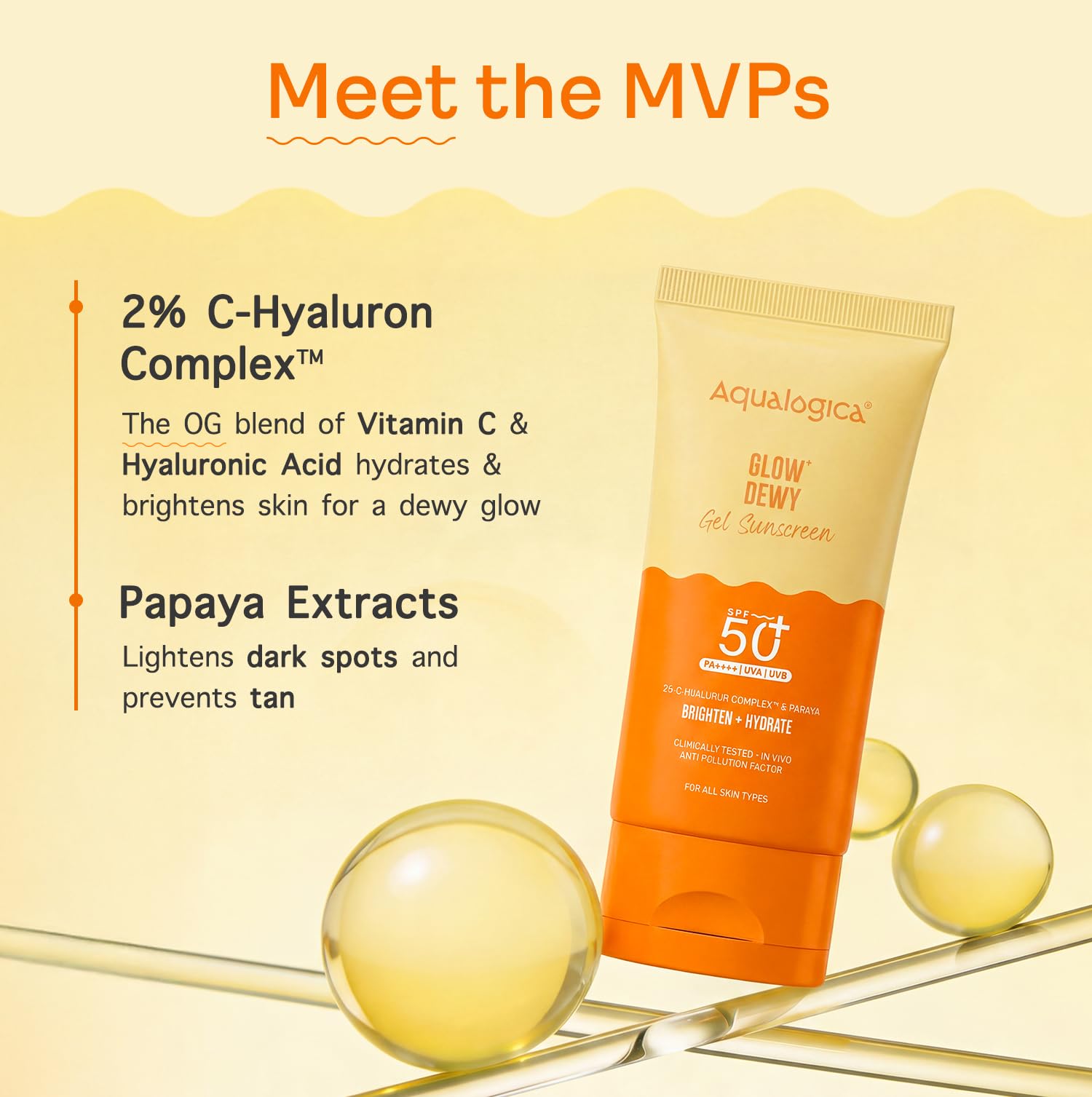 Aqualogica Glow+ Dewy Sunscreen Gel SPF 50+ PA++++ with Papaya & Vitamin C, Fragrance-Free - close-up detail
