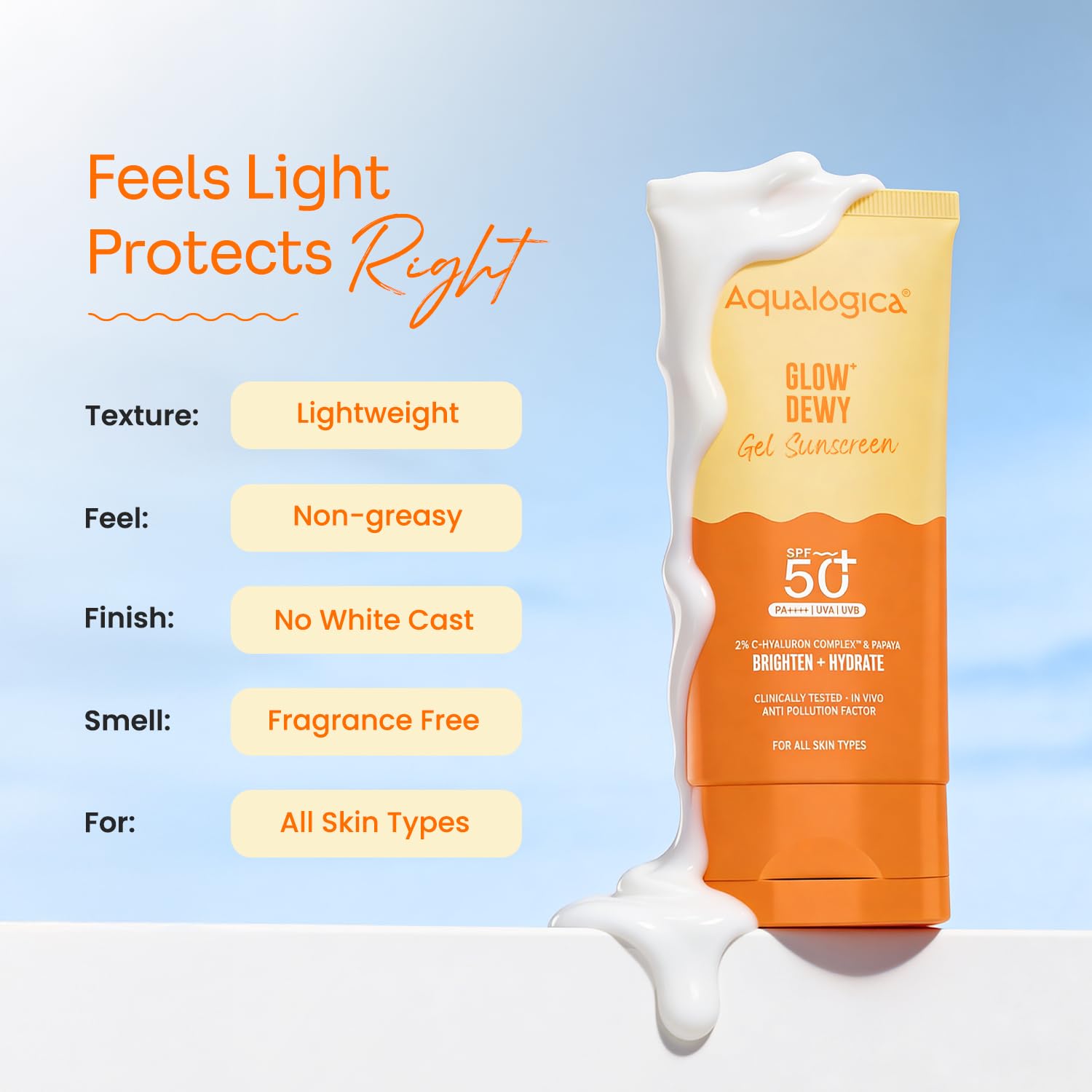 Aqualogica Glow+ Dewy Sunscreen Gel SPF 50+ PA++++ with Papaya & Vitamin C, Fragrance-Free - in use