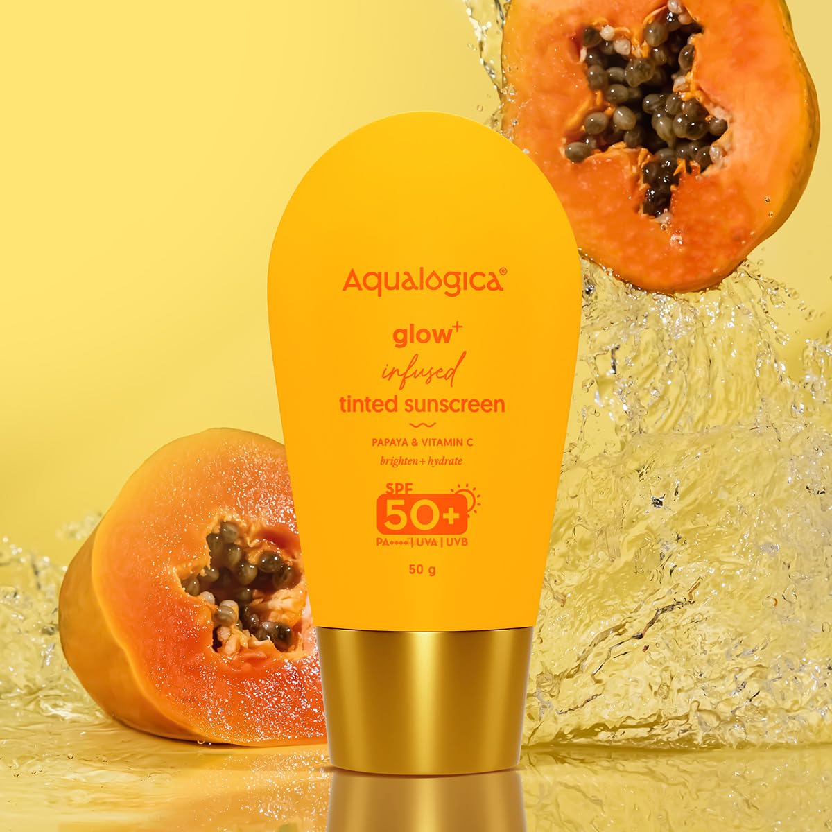 Aqualogica Glow+ Infused Tinted Sunscreen SPF 50+ PA++++, 50g, with Papaya, Vitamin C, Hyaluronic Acid - front view