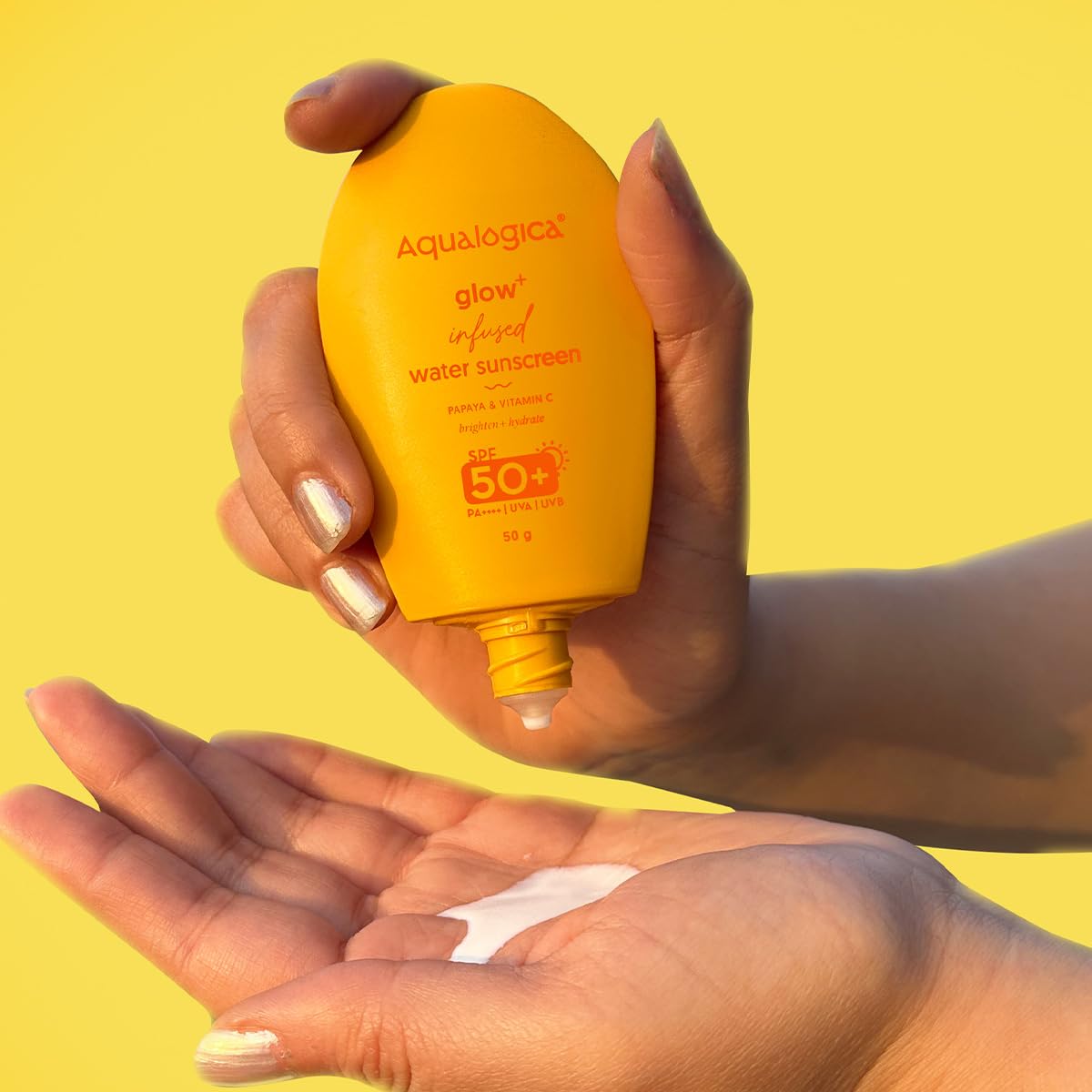 Aqualogica Glow+ Infused Water Sunscreen SPF 50+ PA++++ With Papaya & Vitamin C, 50g, Serum Texture - front view