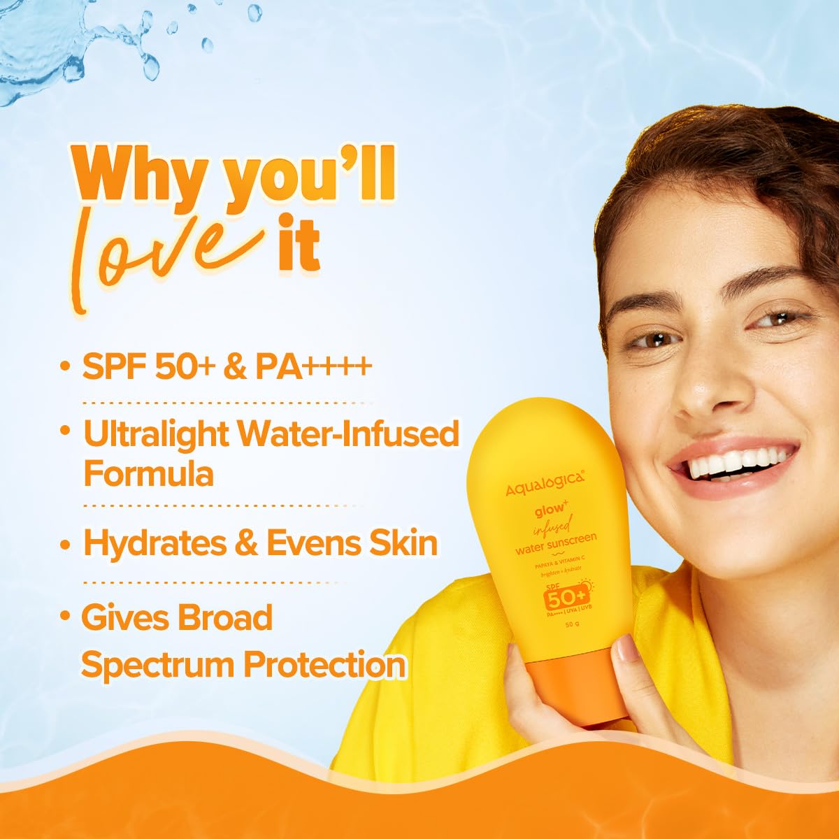 Aqualogica Glow+ Infused Water Sunscreen SPF 50+ PA++++ With Papaya & Vitamin C, 50g, Serum Texture - back view