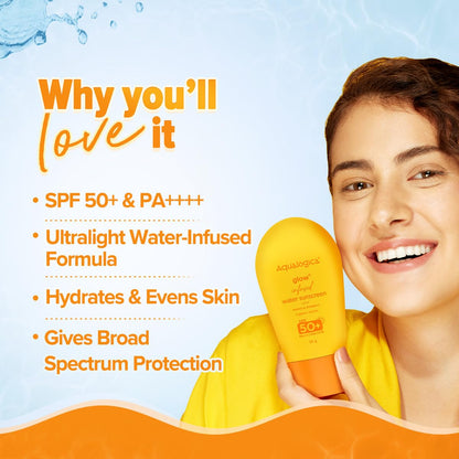 Aqualogica Glow+ Infused Water Sunscreen SPF 50+ PA++++ With Papaya & Vitamin C, 50g, Serum Texture - back view
