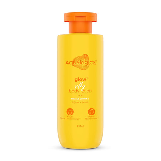 Aqualogica Glow+ Silky Body Lotion, 200 ml, Lightweight Non-Sticky Formula with Papaya, Vitamin C, Hyaluronic Acid, Shea Butt