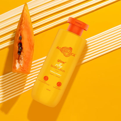 Aqualogica Glow+ Silky Body Lotion, 200 ml, Lightweight Non-Sticky Formula with Papaya, Vitamin C, Hyaluronic Acid, Shea Butt