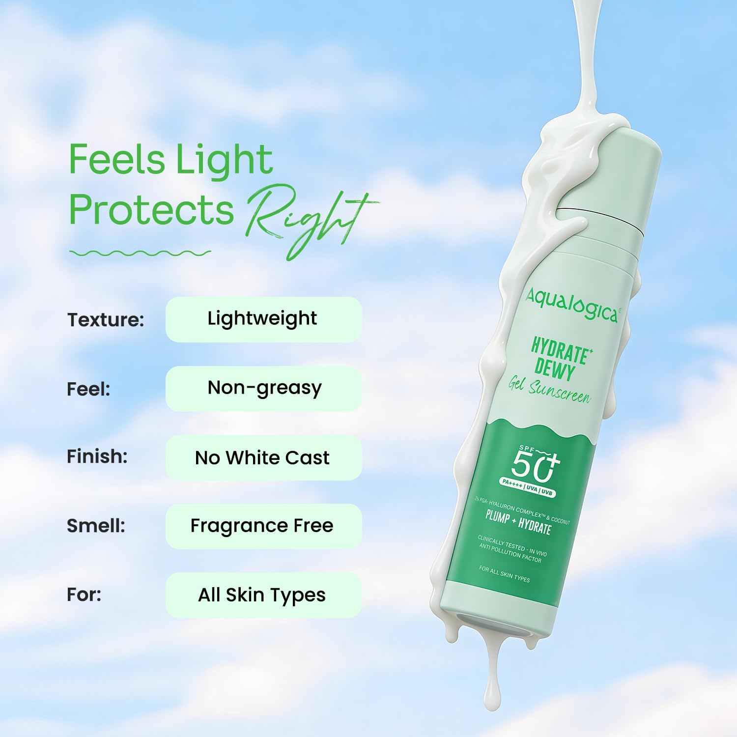 Aqualogica Hydrate+ Dewy Sunscreen SPF 50 PA+++ 50g Gel-Based Fragrance-Free Unisex - in use