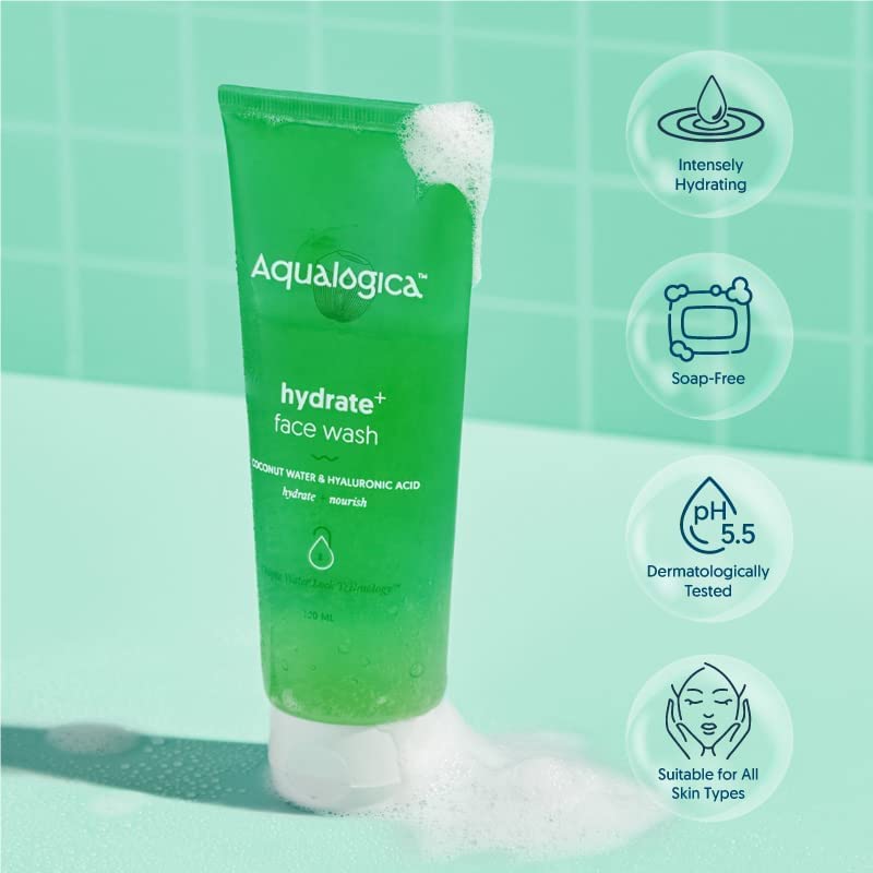 Aqualogica Hydrate+ Face Wash with Hyaluronic Acid & Coconut Water, 100ml, Foaming Gel Cleanser for Adult Unisex Use - front