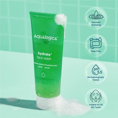 Aqualogica Hydrate+ Face Wash with Hyaluronic Acid & Coconut Water, 100ml, Foaming Gel Cleanser for Adult Unisex Use - front