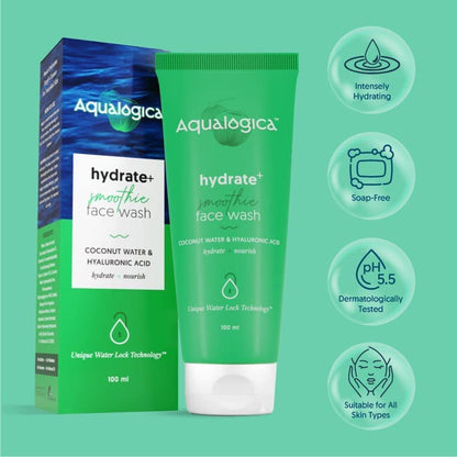 Aqualogica Hydrate+ Face Wash with Hyaluronic Acid & Coconut Water, 100ml, Foaming Gel Cleanser for Adult Unisex Use - packag