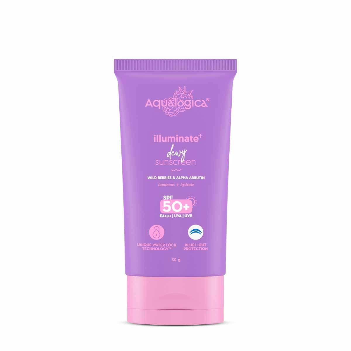 Aqualogica Illuminate+ Dewy Sunscreen Gel SPF 50+ PA++++ with Alpha Arbutin & Wild Berries, Fragrance-Free, No White Cast