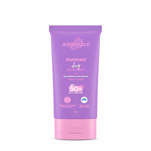 Aqualogica Illuminate+ Dewy Sunscreen Gel SPF 50+ PA++++ with Alpha Arbutin & Wild Berries, Fragrance-Free, No White Cast