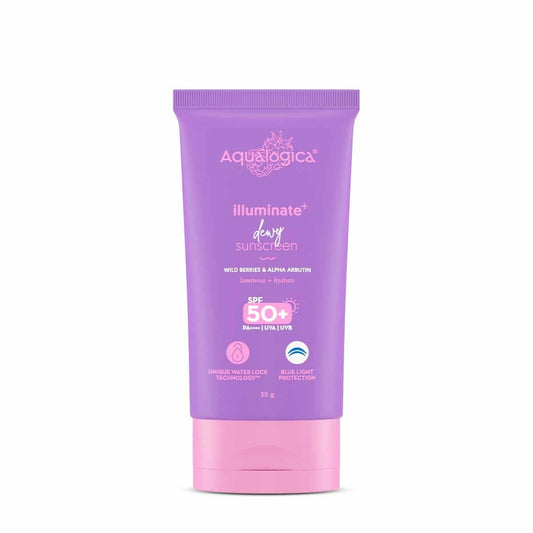 Aqualogica Illuminate+ Dewy Sunscreen Gel SPF 50+ PA++++ with Alpha Arbutin & Wild Berries, Fragrance-Free, No White Cast
