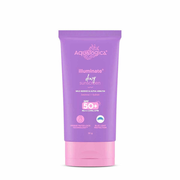 Aqualogica Illuminate+ Dewy Sunscreen Gel SPF 50+ PA++++ with Alpha Arbutin & Wild Berries, Fragrance-Free, No White Cast