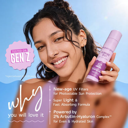 Aqualogica Illuminate+ Dewy Sunscreen Gel SPF 50+ PA++++ with Alpha Arbutin & Wild Berries, Fragrance-Free, No White Cast - b