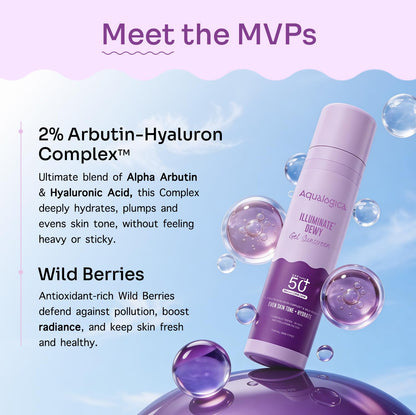 Aqualogica Illuminate+ Dewy Sunscreen Gel SPF 50+ PA++++ with Alpha Arbutin & Wild Berries, Fragrance-Free, No White Cast - p