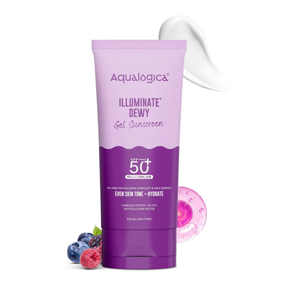 Aqualogica Illuminate+ Dewy Sunscreen Gel SPF 50+ PA++++ with Alpha Arbutin & Wild Berries, Fragrance-Free, No White Cast (19