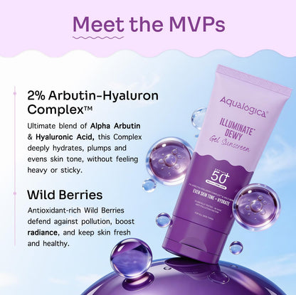 Aqualogica Illuminate+ Dewy Sunscreen Gel SPF 50+ PA++++ with Alpha Arbutin & Wild Berries, Fragrance-Free, No White Cast - p