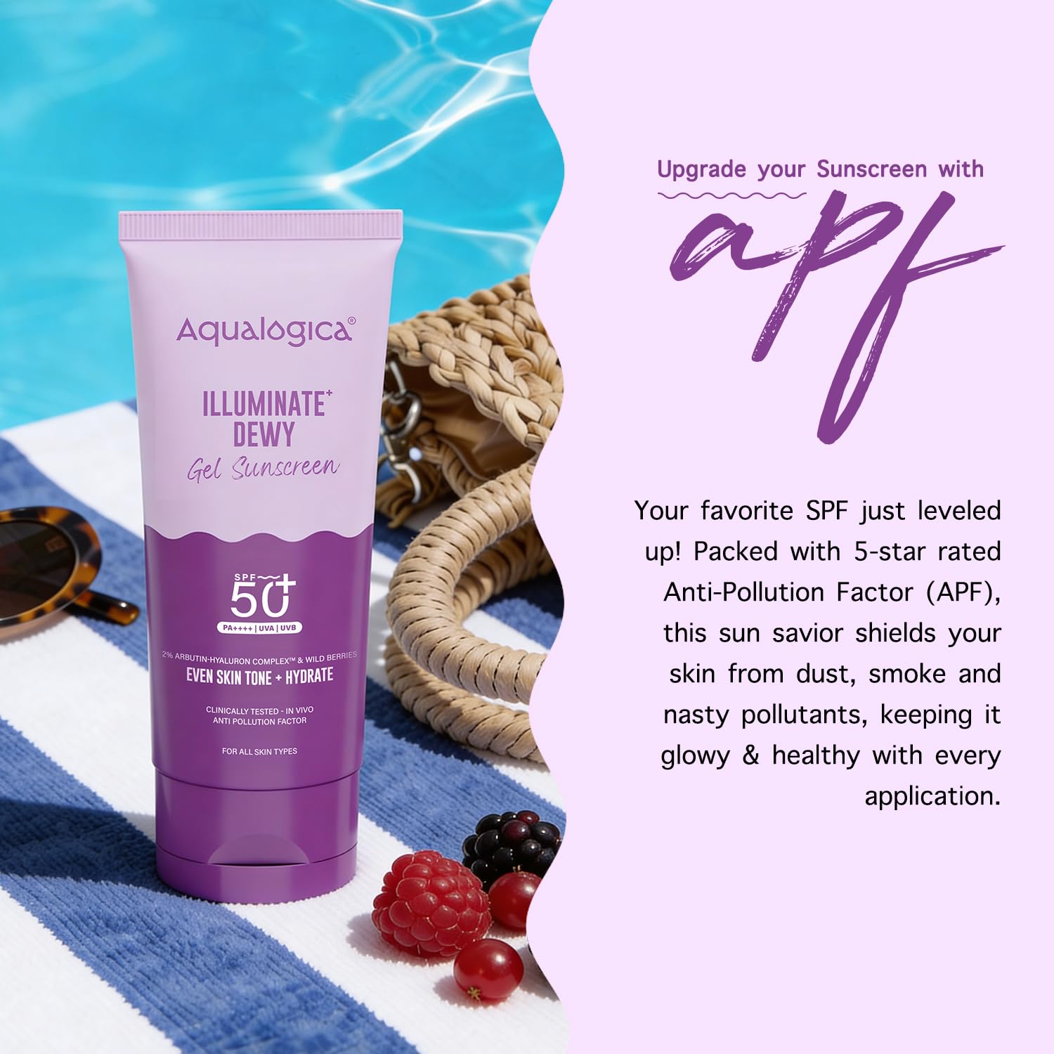 Aqualogica Illuminate+ Dewy Sunscreen Gel SPF 50+ PA++++ with Alpha Arbutin & Wild Berries, Fragrance-Free, No White Cast - i