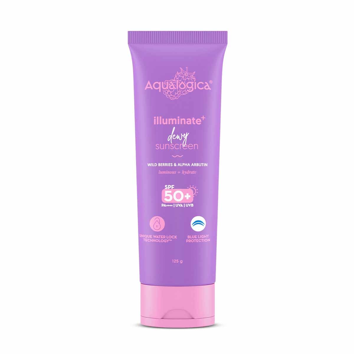Aqualogica Illuminate+ Dewy Sunscreen Gel SPF 50+ PA++++ with Alpha Arbutin & Wild Berries, Fragrance-Free, No White Cast (27