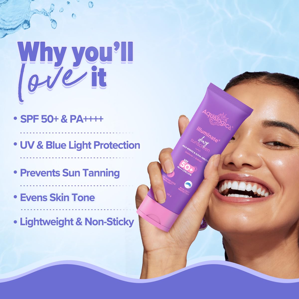 Aqualogica Illuminate+ Dewy Sunscreen Gel SPF 50+ PA++++ with Alpha Arbutin & Wild Berries, Fragrance-Free, No White Cast - b