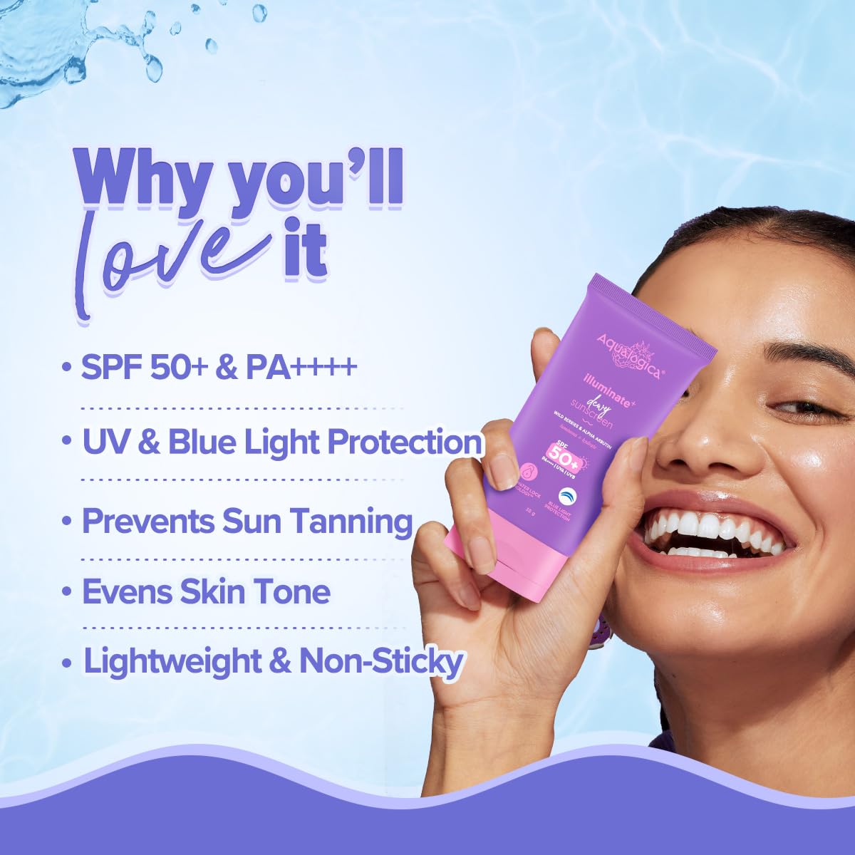 Aqualogica Illuminate+ Dewy Sunscreen Gel SPF 50+ PA++++ with Alpha Arbutin & Wild Berries, Fragrance-Free, No White Cast - b