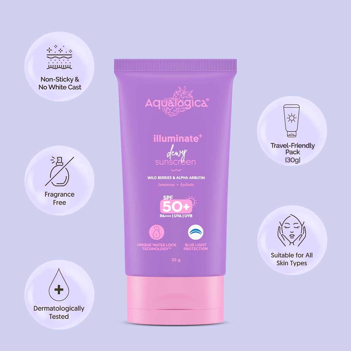 Aqualogica Illuminate+ Dewy Sunscreen Gel SPF 50+ PA++++ with Alpha Arbutin & Wild Berries, Fragrance-Free, No White Cast - p