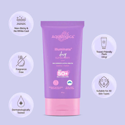 Aqualogica Illuminate+ Dewy Sunscreen Gel SPF 50+ PA++++ with Alpha Arbutin & Wild Berries, Fragrance-Free, No White Cast - p