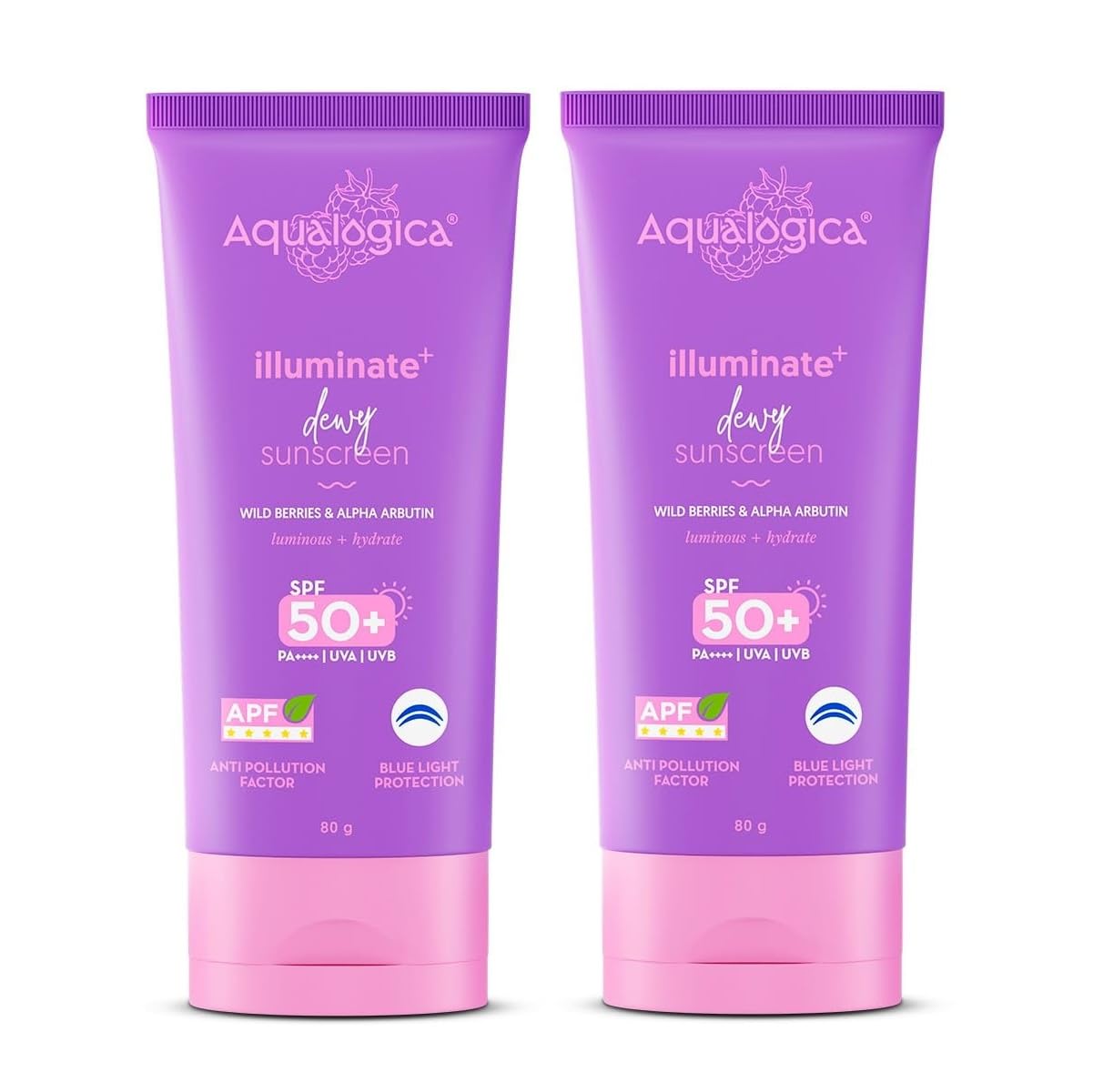 Aqualogica Illuminate+ Dewy Sunscreen SPF 50+ PA++++ APF with Wild Berries Alpha Arbutin, 80g, Pack of 2, Fragrance-Free