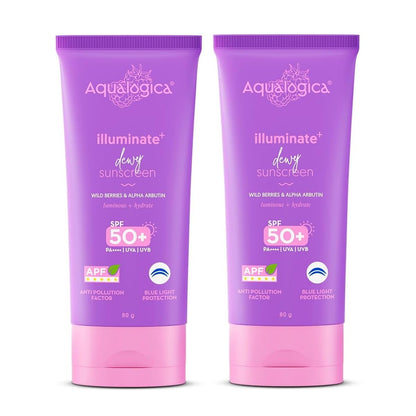 Aqualogica Illuminate+ Dewy Sunscreen SPF 50+ PA++++ APF with Wild Berries Alpha Arbutin, 80g, Pack of 2, Fragrance-Free