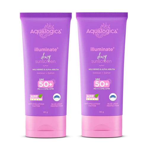 Aqualogica Illuminate+ Dewy Sunscreen SPF 50+ PA++++ APF with Wild Berries Alpha Arbutin, 80g, Pack of 2, Fragrance-Free