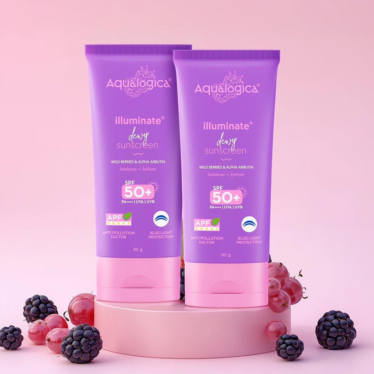 Aqualogica Illuminate+ Dewy Sunscreen SPF 50+ PA++++ APF with Wild Berries Alpha Arbutin, 80g, Pack of 2, Fragrance-Free - fr