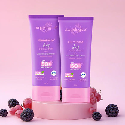 Aqualogica Illuminate+ Dewy Sunscreen SPF 50+ PA++++ APF with Wild Berries Alpha Arbutin, 80g, Pack of 2, Fragrance-Free - fr