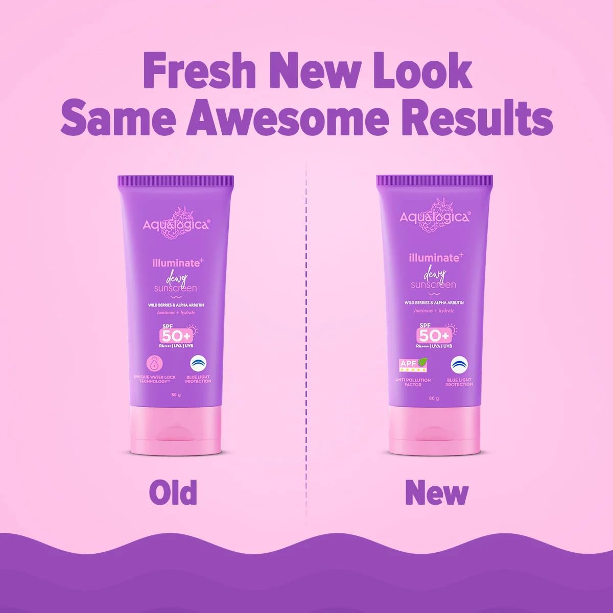 Aqualogica Illuminate+ Dewy Sunscreen SPF 50+ PA++++ APF with Wild Berries Alpha Arbutin, 80g, Pack of 2, Fragrance-Free - ba